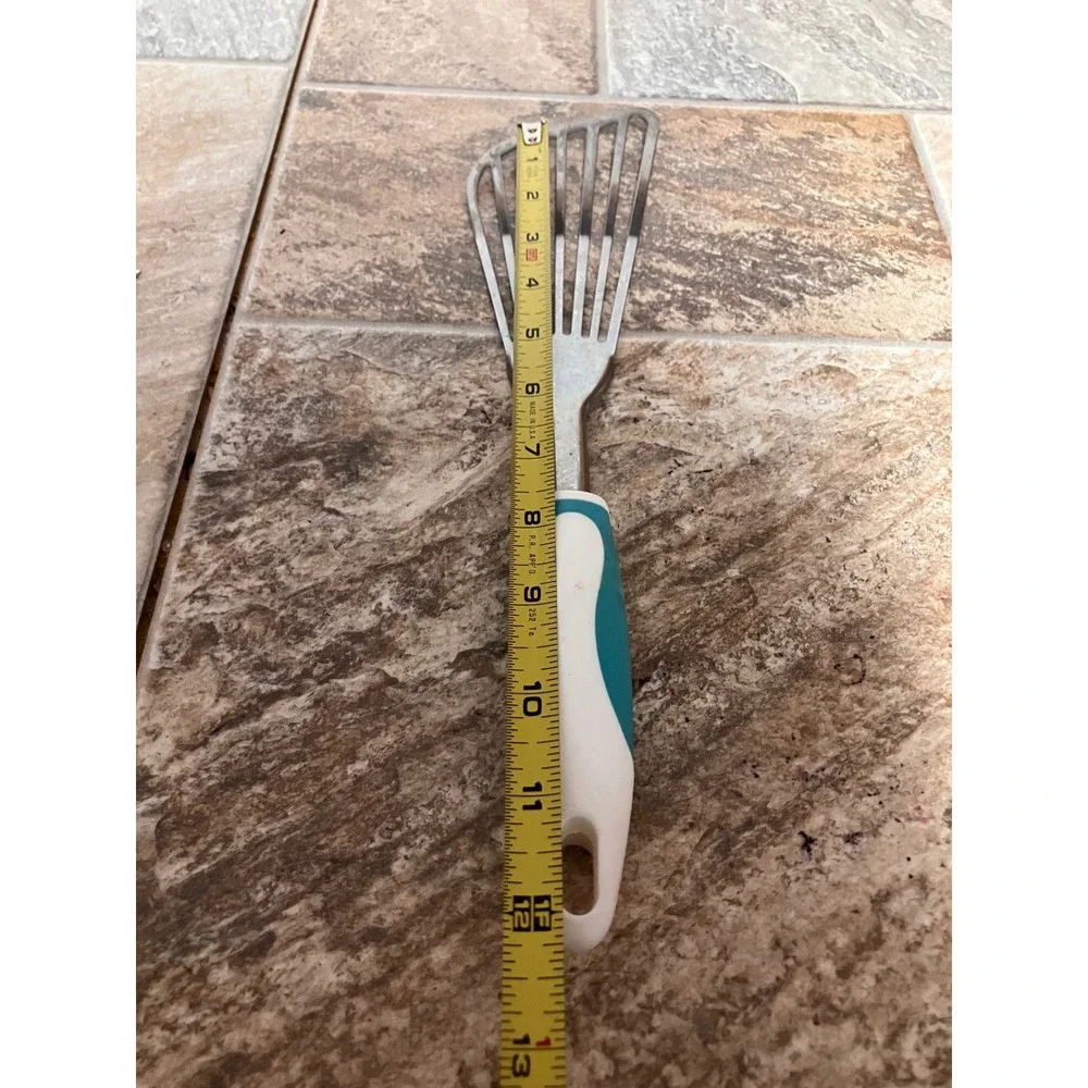 Stainless Steel Fish Spatula Slotted Angled Turner Teal White Handle 11.5 inch